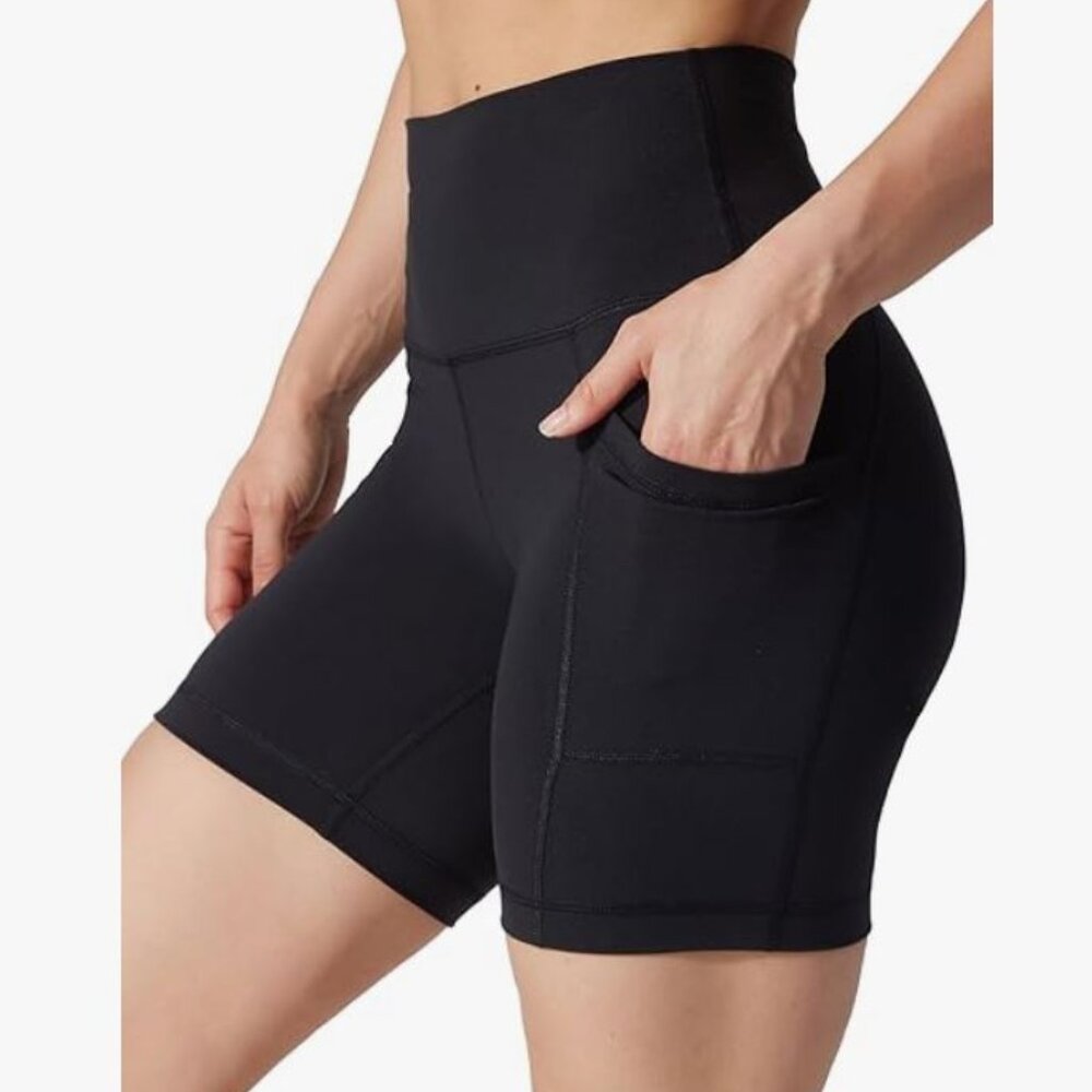 Yogalicious Black Lux Tribeca 5” High Waisted Biker Shorts Squat Proof Pockets